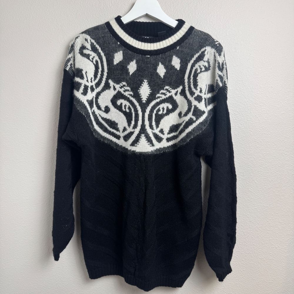 Tyrolia by Head Skiwear Vintage Sweater Wool Angora Blend Medium Fair Isle Black